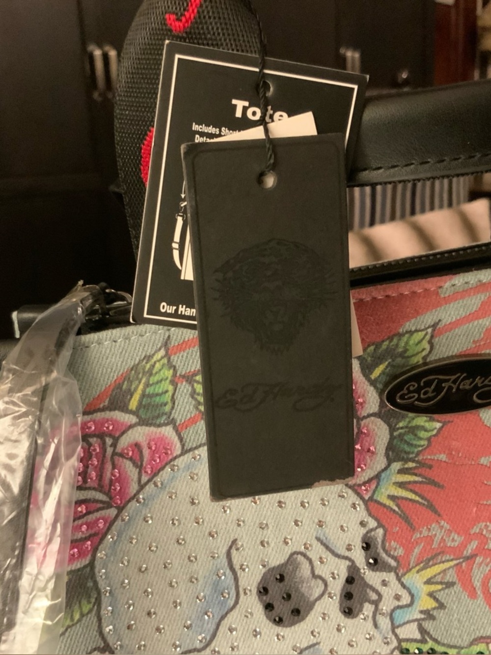 Ed Hardy Tattoo Rose & Skull Denim Rhinestone Purse NWT - Picture 5 of 13